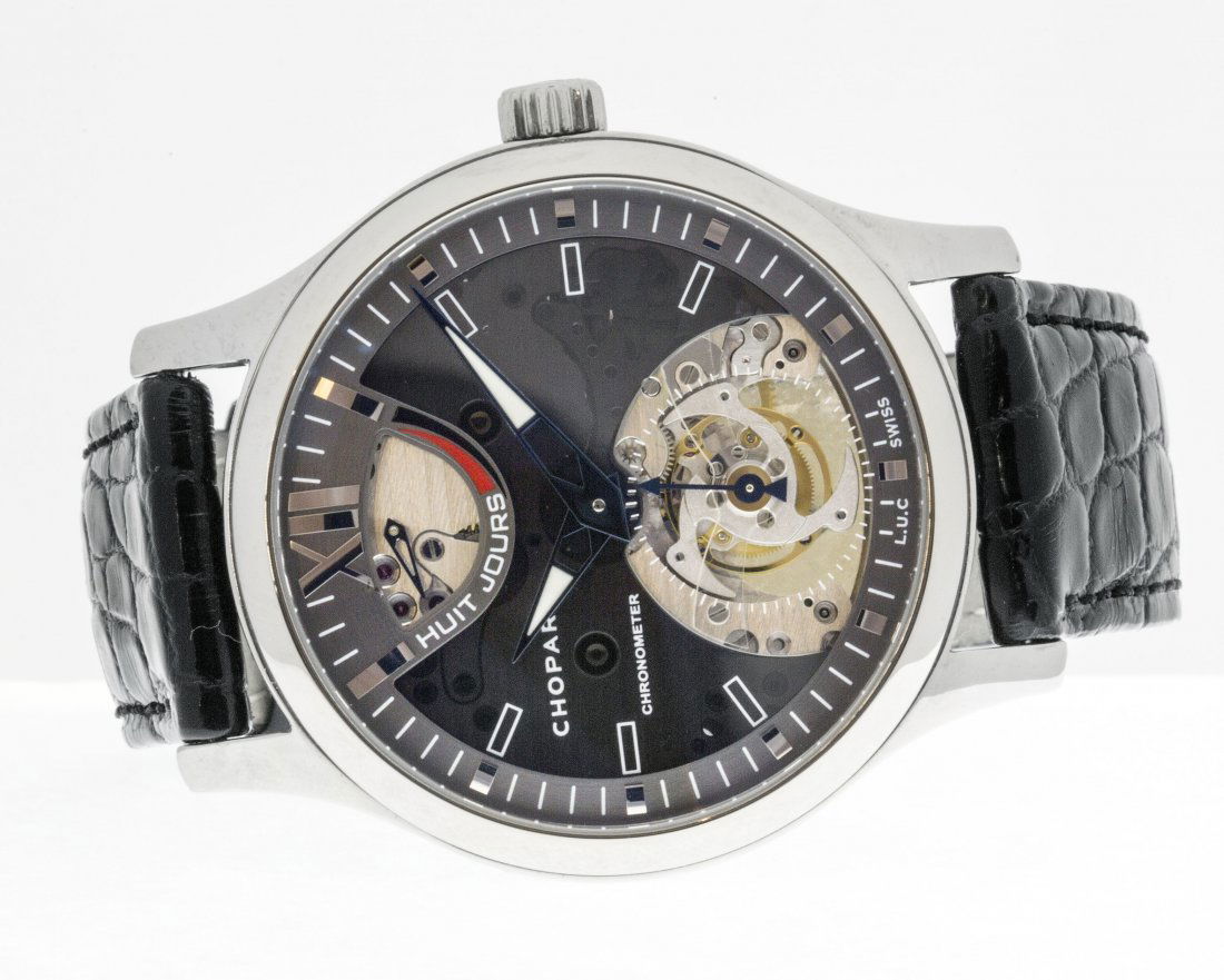 CHOPARD L.U.C. TOURBILLON TITAN SL WRISTWATCH: CHOPARD L.U.C. TOURBILLON TITAN SL WRISTWATCH Swiss. Dial, case, and buckle signed Chopard. Officially certified chronometer. Tourbillon, 9 day power reserve. Chopard in house L.U.C. 4TSL mechanical m