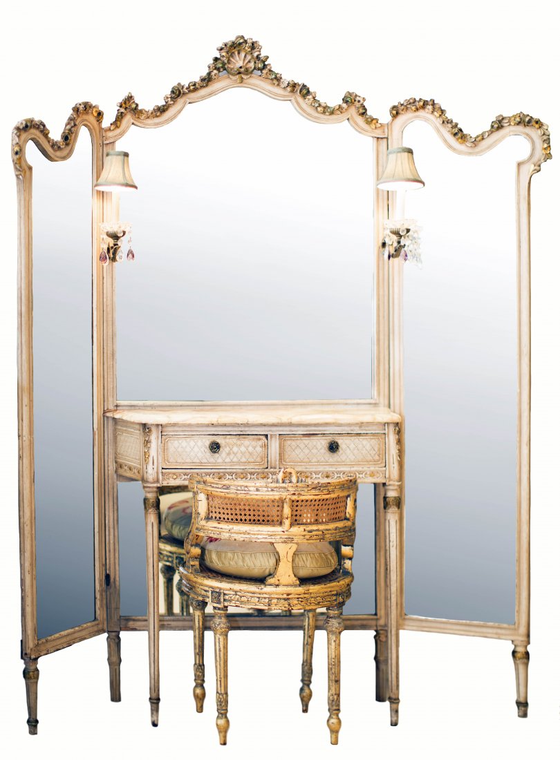 LOUIS XVI STYLE PAINTED DRESSING MIRROR AND CONSOLE: PROPERTY OF A PALM BEACH GENTLEMAN: LOUIS XVI STYLE PAINTED DRESSING MIRROR AND CONSOLE First Quarter 19th Century. The attached onyx top console with a three sectional hinged floor mirror mounted wit