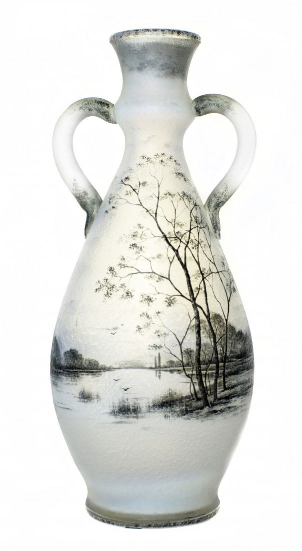DAUM ENAMELED OPALESCENT TWO HANDLED GLASS VASE Mar 30, 2013 A.B