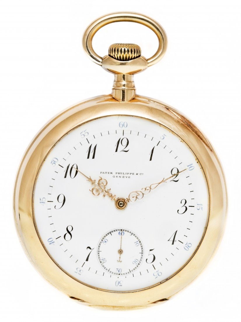 PATEK PHILIPPE 14KT YELLOW GOLD OPENFACE KEYLESS LEVER: PATEK PHILIPPE 14KT YELLOW GOLD OPENFACE KEYLESS LEVER POCKET WATCH Signed Patek Philippe & Co, Geneve. Movement number 92340. White enamel dial, Breguet numerals, subsidiary seconds, circular polishe