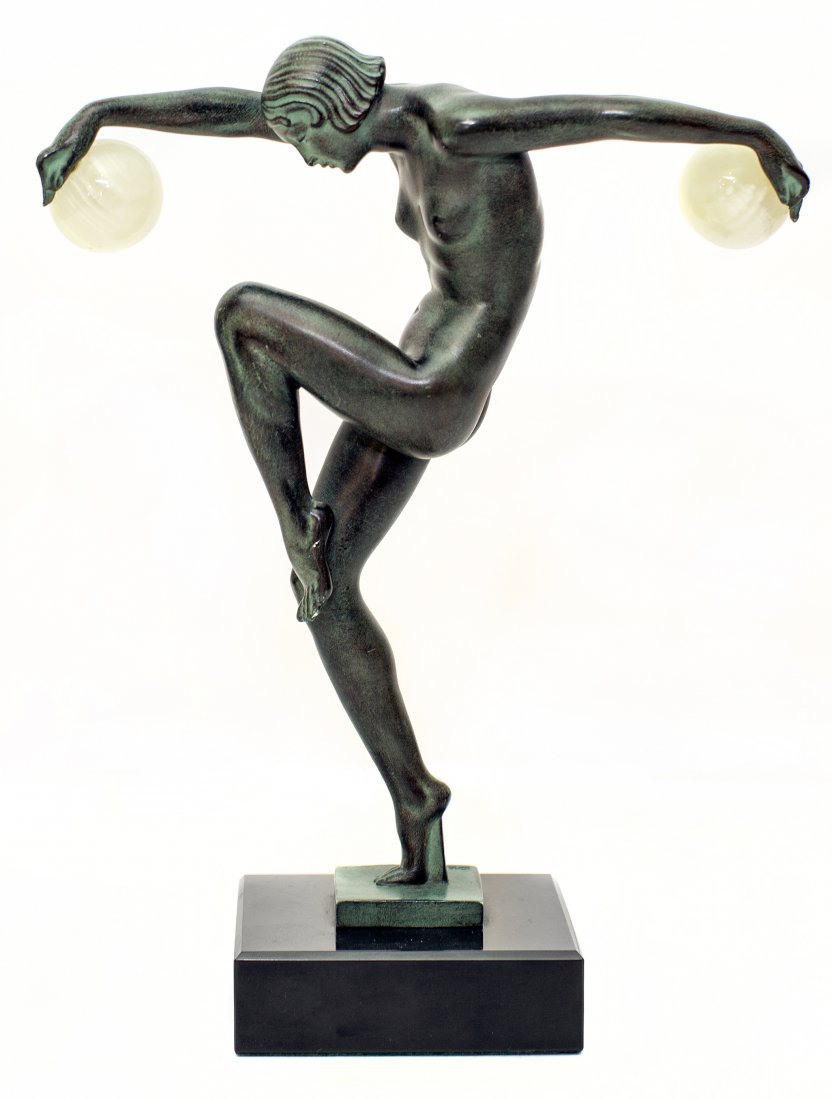 MAX LE VERRIER (French, 1891-1973)): PROPERTY OF A PALM BEACH GENTLEMAN: MAX LE VERRIER (French, 1891-1973) Untitled " Art Deco Lamp". Stamped Denis, Le Verrier Paris. White metal with greenish patina, glass, and square marble base. Ove