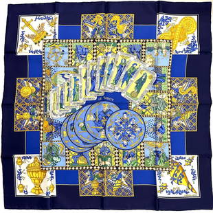 Hermes Silk Scarf, Le Tarot: Hermes Silk Scarf, Le Tarot Design by Annie Faivre, 1991, appears to have never been used, 35 by 35 in.