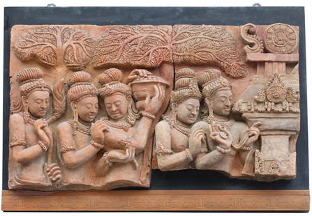 Burmese/Khmer Style Terra Cotta Figural Relief: Burmese/Khmer Style Terra Cotta Figural Relief Molded as a procession of half figures before temple structures and stylized trees, each relief in two segments, mounted to an ebonized covered wood pane