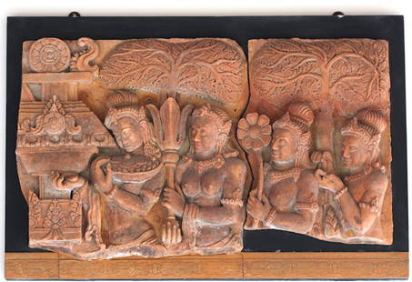 Burmese/Khmer Style Terra Cotta Figural Relief: Burmese/Khmer Style Terra Cotta Figural Relief Molded as a procession of half figures before temple structures and stylized trees, each relief in two segments, mounted to an ebonized covered wood pane