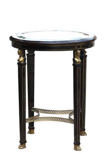 Empire Style Ebonized Tessellated Tile and Bronze Occasional Table: Empire Style Ebonized Tessellated Tile and Bronze Occasional Table Circular, with a glass inset top, the plain frieze on four brass-inlaid square tapered legs headed by Egyptian terms, and joined by