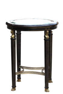 Empire Style Ebonized Tessellated Tile and Bronze Occasional Table: Empire Style Ebonized Tessellated Tile and Bronze Occasional Table Circular, with a glass inset top, the plain frieze on four brass-inlaid square tapered legs headed by Egyptian terms, and joined by a