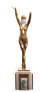 After, Demetri H. Chiparus, Dourga, Gilt Bronze and Marble Figure: After, Demetri H. Chiparus, Dourga, Gilt Bronze and Marble Figure Incised D. H. Chiparus on the marble base. The gilt bronze female figure with arms raised, on a two-toned marble plinth. Height