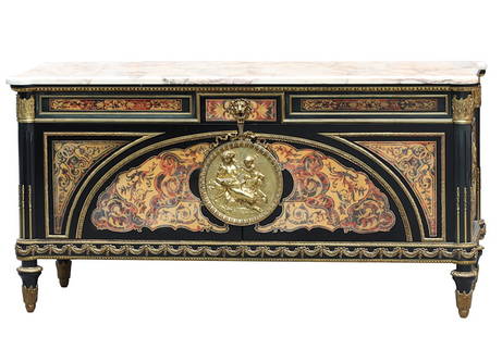 Louis XVI Style Faux Boulle Marquetry Ebonized Commode: Louis XVI Style Faux Boulle Marquetry Ebonized Commode rectangular veined cream colored marble with rounded corners, above a conforming ebonized case with three drawers over a pair of doors decorated