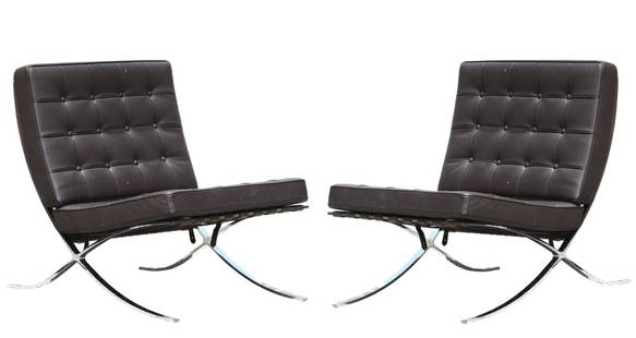 Pair of Barcelona Chairs, After Mies Van der Rohe: Pair of Barcelona Chairs, After Mies Van der Rohe Chrome with leather straps and cushions. Height of back to floor, 30 in., Width 31 in.