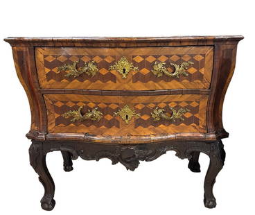 Continental Rococo Walnut Parquetry Chest on Stand: Continental Rococo Walnut Parquetry Chest on Stand Circa 1750, North Italian or South German. The serpentine molded top with walnut and fruitwood cube parquetry, the case with two drawers and with