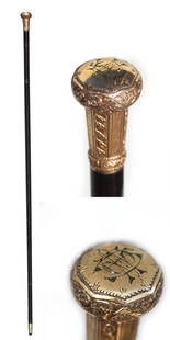 English Gold-Plated Gentlemen Walking Stick: English Gold Plated Gentlemen Walking Stick Circa 1890, R.F. Simmons & Co. Marked R.F.S. & Co. The knob handhold chased with foliage and panels, monogramed, AVSW (?), on an ebony shaft, with metal fer