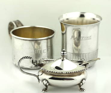 Three Silver Table Items: Three Silver Table Items Comprising an English Sterling Silver Salt with cobalt glass liner and silver spoon, Marked, Birmingham, 1966, maker T & Co., a Gorham Sterling Silver Cup, marked, incised Mar