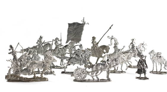 Large Group of British/French Lead Toy Soldiers: Large Group of British/French Lead Toy Soldiers 20th Century. Unpainted, some with markings, depicting various historical periods and countries. Approx. Heights 1.25 to 2 in. (300+/-)