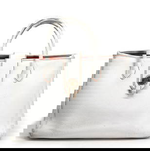 Hermes White Epsom Leather Handbag: Hermes White Epsom Leather Handbag Strap impressed in gilt, hardware marked. Double rolled handles, the orange suede interior with an open and a zipper pocket, some soiling. Height overall with