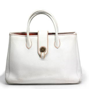 Hermes White Epsom Leather Handbag: Hermes White Epsom Leather Handbag Strap impressed in gilt, hardware marked. Double rolled handles, the orange suede interior with an open and a zipper pocket, some soiling. Height overall with handle