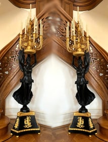 Impressive Pair of Empire Style Fifteen-Light Bronze Figural Torcheres