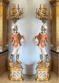 Pair of Venetian Gilt, Painted & Carved Nine-Light Moor Torcheres
