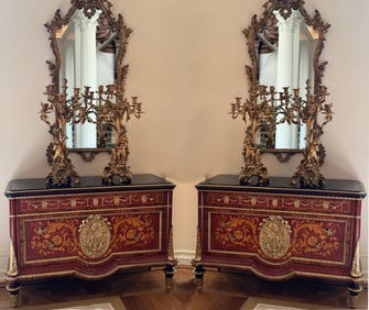 Pair, Louis XVI Style Bronze-Mtd. Faux Marquetry Commodes