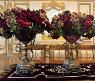 Pair of Continental Bronze and Cut Ruby Glass Compotes