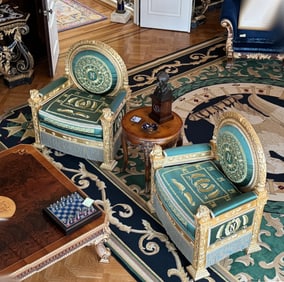 Pr. Impressive Napoleonic Silk Upholstered Gilt Wood Throne Chairs