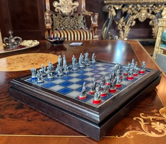 Napoleonic Enameled Metal Chess Set with Leather Board