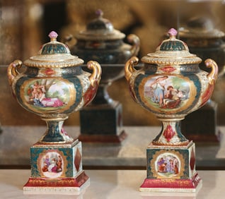 Pair of Vienna Style Porcelain Covered Urns