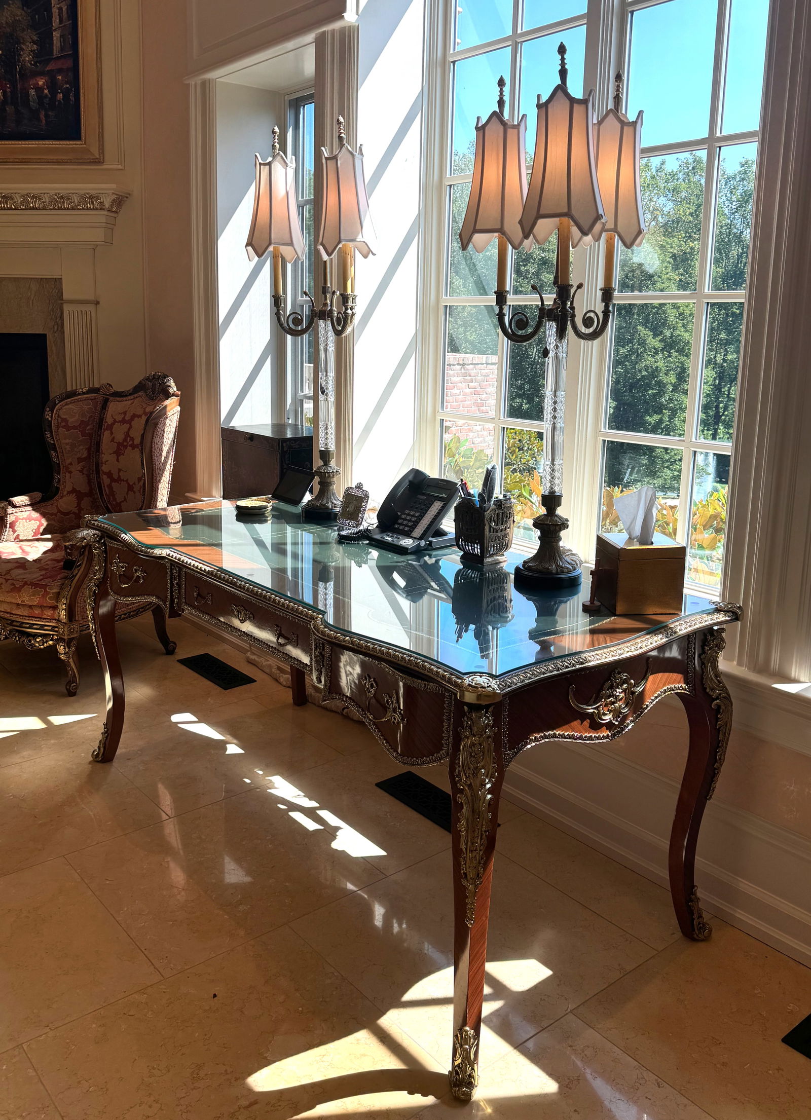 Louis XV Style Leather-Inset Bronze Mounted Kingwood Bureau Plat (1 of 8)