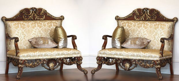 Pair of George II Style Parcel Gilt Walnut Settees