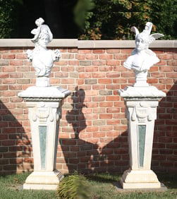Two Carved White Marble Busts and Pedestals