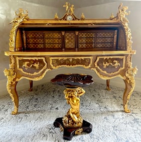 Louis XV Style Bronze Mtd. Marquetry Cylinder Bureau