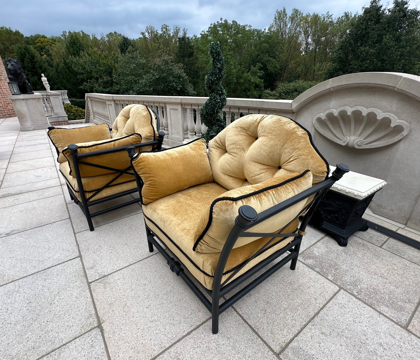 Set of Four Breakwater Patinated Metal Patio Armchairs: Set of Four Breakwater Patinated Metal Patio Armchairs, with arched backs, upholstered in gold velvet, matching the preceding lot. Length 40 in. Provenance: Property from The Estate of a Gentleman, Gl