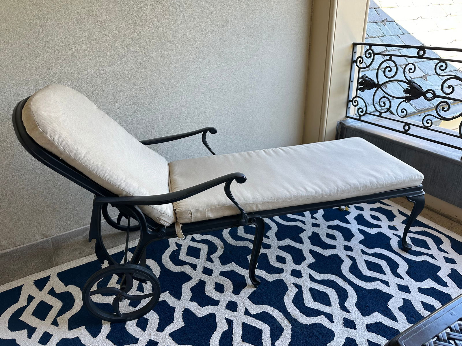 Pair of Patio Reclining Lounge Chairs: Pair of Patio Reclining Lounge Chairs Hinged backs, with wheels. Provenance: Property from The Estate of a Gentleman, Gladwyne, PA. IMPORTANT - PLEASE NOTE This lot, along with all items from Lot 201