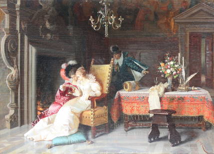 Pio Ricci, Domestic Interior with Figures, (Italian, 19th Century): Pio Ricci (1850-1919), Domestic Interior with Figures, (Italian, 19th Century) signed l.r., oil on canvas 21 by 29 in., overall, 30.5 by 38 in. Provenance: From the Estate of a Gentleman, Gladwyne, PA