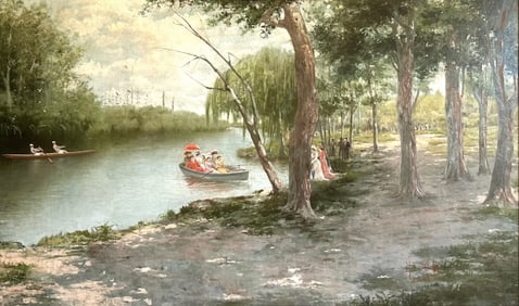 Painting: Mc (?), Boating, Leisurely Afternoon in the Park, oil/canvas
