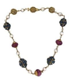 A Fine Sapphire, Ruby and Pearl Necklace