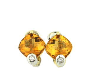 Pair of Two-Color Gold, Diamond and Citrine Earclips
