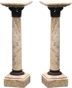 Pair of French Patinated Bronze-Mounted Marble Pedestals