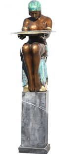 After, Max Le Verrier, Patinated Bronze of a Woman: After, Max Le Verrier, Patinated Bronze of a Woman Seated upon a marble pedestal, presenting a platter. Biba Roaring Twenties, Modern, appears unmarked. Height overall, 59 in., Width 17.5 in., Depth 2