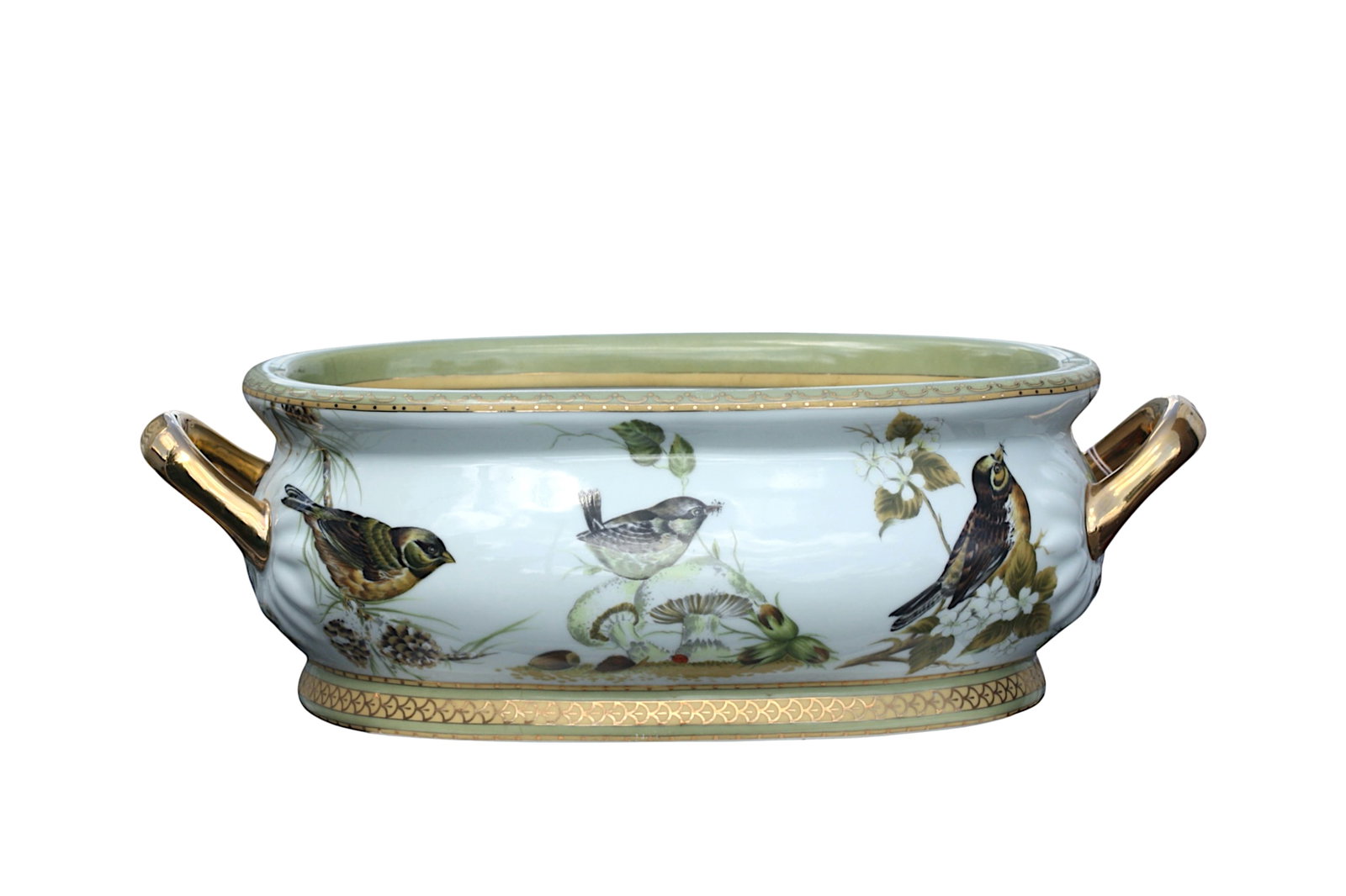 Chinese Export Style Porcelain Montieth: Chinese Export Style Porcelain Montieth The underside marked Amita. Oval, with two gilt looped handles, the exterior decorated with birds, the interior with goldfish. Height 6.5 in., Width across hand