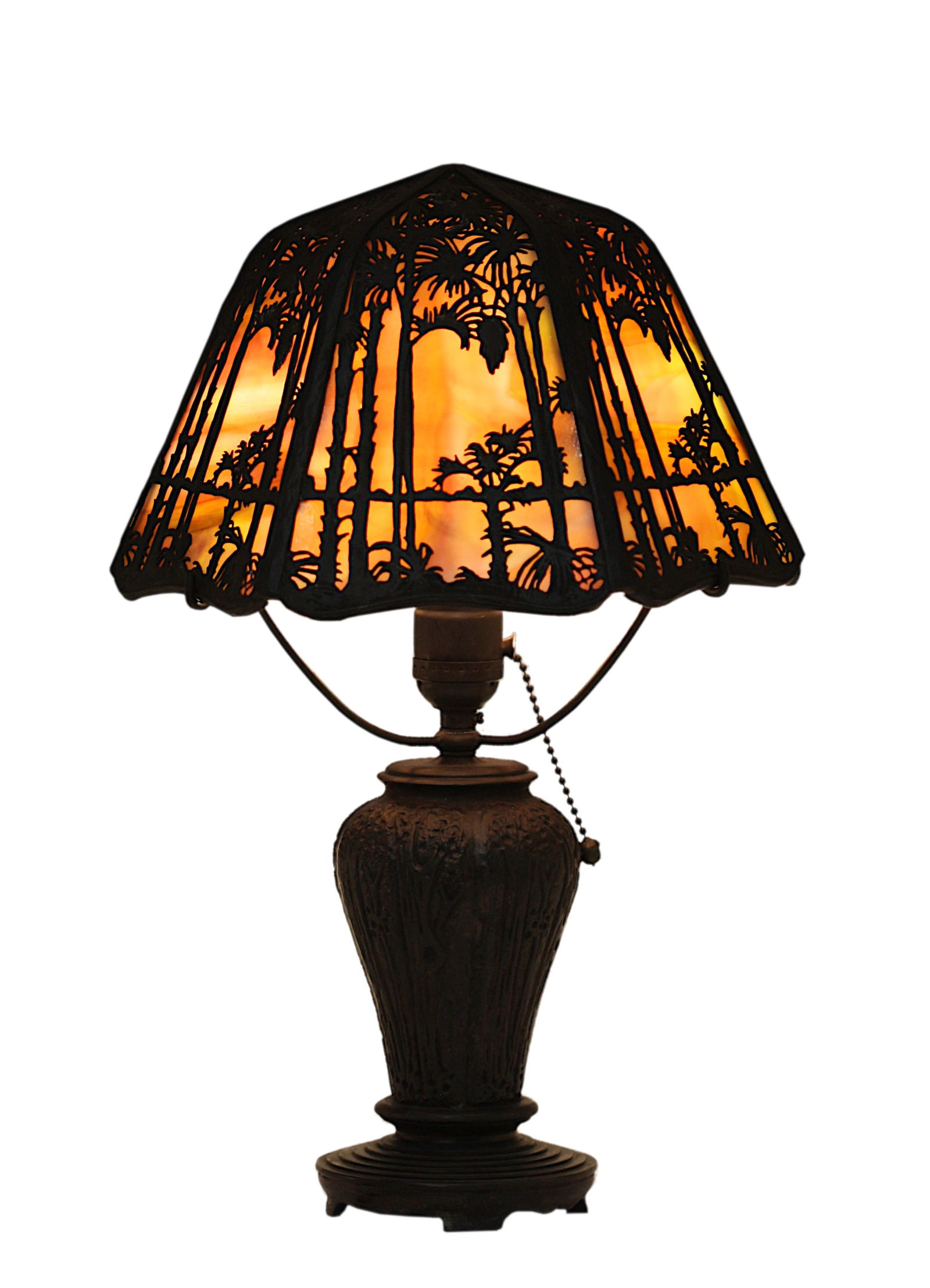 Handal Metal Mounted Slag Glass Desert Sunset Hexagonal Table Lamp (1 of 11)