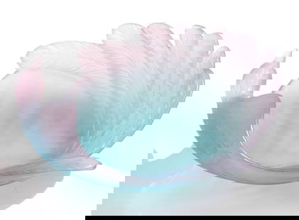 Daum Pate de Cristal Bird of Paradise Bowl: Daum Pate de Cristal Bird of Paradise Bowl Etched signature Daum France. The asymmetrical circular shaped bowl with incised feather details, in tones of aqua and pink, in its original box. Height