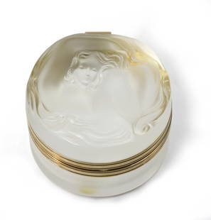 Lalique Frosted Colorless Glass Daphne Powder Box: Lalique Frosted Colorless Glass Daphne Powder Box Etched signature on the underside. Circular, with a hinged top, molded with a figure of a crouching Daphne, with the original box. Height 2 in.,