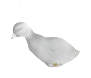 Lalique Frosted Colorless Glass Goose: Lalique Frosted Colorless Glass Goose Etched Lalique France signature, with its head turned-back, on a circular base. Height 2.5 in.