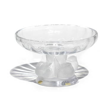 Lalique Frosted and Clear Crystal Footed Bowl: Lalique France Frosted Crystal “Four Birds” Pedestal Bowl Signed Lalique France Height: 3 1/2 in. | Diameter: 5 1/2 in. A finely executed Lalique crystal pedestal bowl, featuring a base