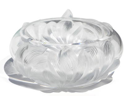 Lalique Frosted and Clear Crystal “Champs-Élysées” Center Bowl: Lalique Frosted and Clear Crystal “Champs-Élysées” Center Bowl An impressive Lalique crystal centerpiece, expertly crafted in clear and frosted crystal with an elegant swirling leaf motif. 
