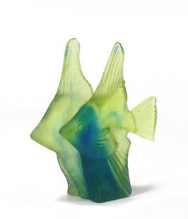 Daum Pate de Cristal Fish Couple: Daum Pate de Cristal Fish Couple Etched signature, Daum France. In tones of yellow and blue, with the original box. Height 3.5 in., Width 3 in., Depth 1 in.