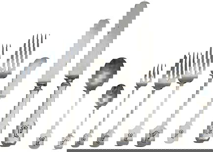 Sherve & Co. Sterling Silver One Hundred Twenty-Eight Piece Part Flatware Service: Sherve & Co. Sterling Silver One Hundred Twenty-Eight Piece Part Flatware Service Marked Shreve & Co., Patent Jan. 1909. In the Norman Hammered pattern, each handle monogrammed with an an applied