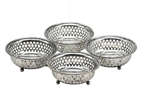 Four Gorham Sterling Silver Nut Bowls: Four Gorham Sterling Silver Nut Bowls Marked Gorham, Sterling A288. Monogramed with an upper case A in script. ach reticulated circular bowl on three ball feet. 6.6 troy ozs.