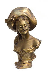 Georges Van der Straeten (Belgian, 1856-1928) Sculpture: Georges Van der Straeten (Belgian, 1856-1928) Sculpture Buste de Jeune Femme au Chapeau, Signed, G. Van der Straeten, and stamped with the Société des bronzes de Paris foundry pastille mark, 