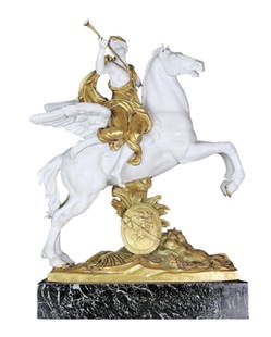 French Gilt Bronze and Bisque Equestrian Group: French Gilt Bronze and Bisque Equestrian Group 19th century, signed indistinctly, Cast as a female trumpeter on winged horseback, in her right hand a trumpet, the horse with both forelegs lifted,